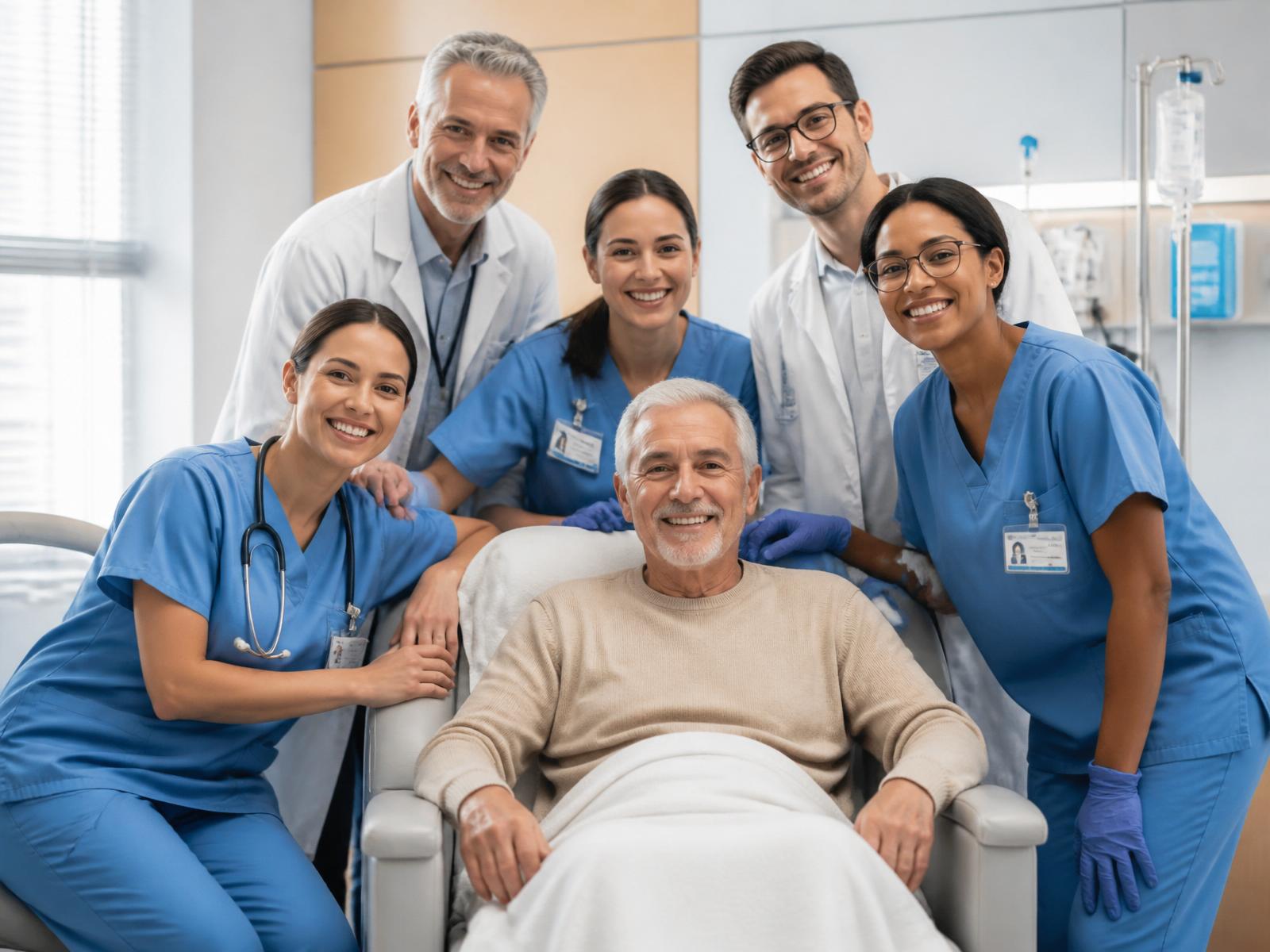 Equipe médica da WM ao lado de paciente, transmitindo segurança e acolhimento